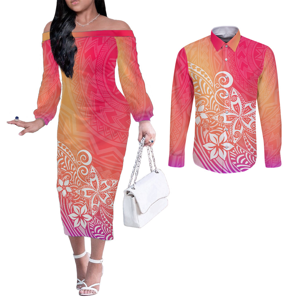 polynesia-couples-matching-off-the-shoulder-long-sleeve-dress-and-long-sleeve-button-shirts-plumeria-pink-gradient-curves