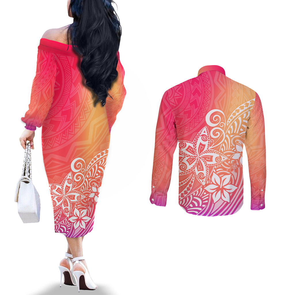 polynesia-couples-matching-off-the-shoulder-long-sleeve-dress-and-long-sleeve-button-shirts-plumeria-pink-gradient-curves