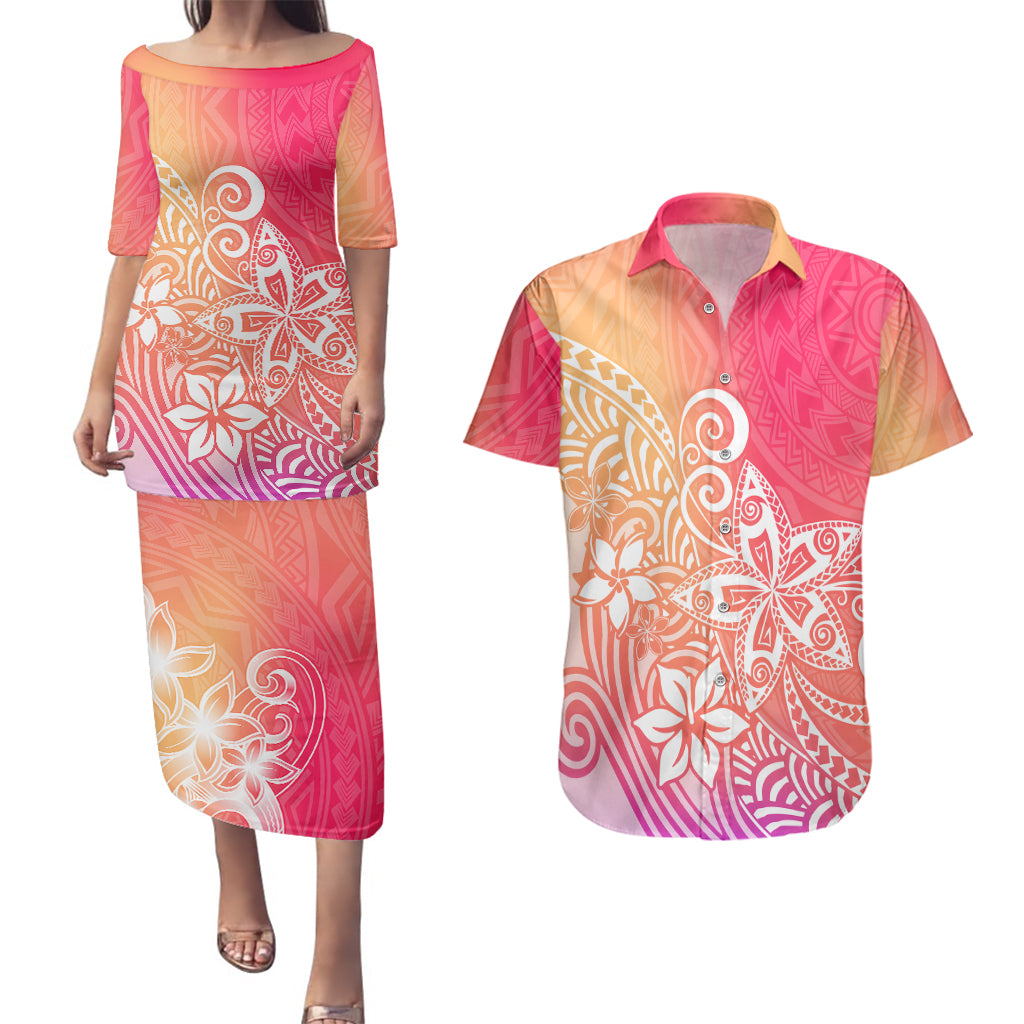 Polynesia Couples Matching Puletasi Dress and Hawaiian Shirt Plumeria Pink Gradient Curves LT7 - Wonder Print Shop