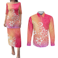 Polynesia Couples Matching Puletasi Dress and Long Sleeve Button Shirts Plumeria Pink Gradient Curves LT7 - Wonder Print Shop