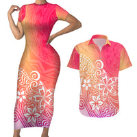 Polynesia Couples Matching Short Sleeve Bodycon Dress and Hawaiian Shirt Plumeria Pink Gradient Curves LT7 - Wonder Print Shop