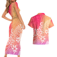 Polynesia Couples Matching Short Sleeve Bodycon Dress and Hawaiian Shirt Plumeria Pink Gradient Curves LT7 - Wonder Print Shop