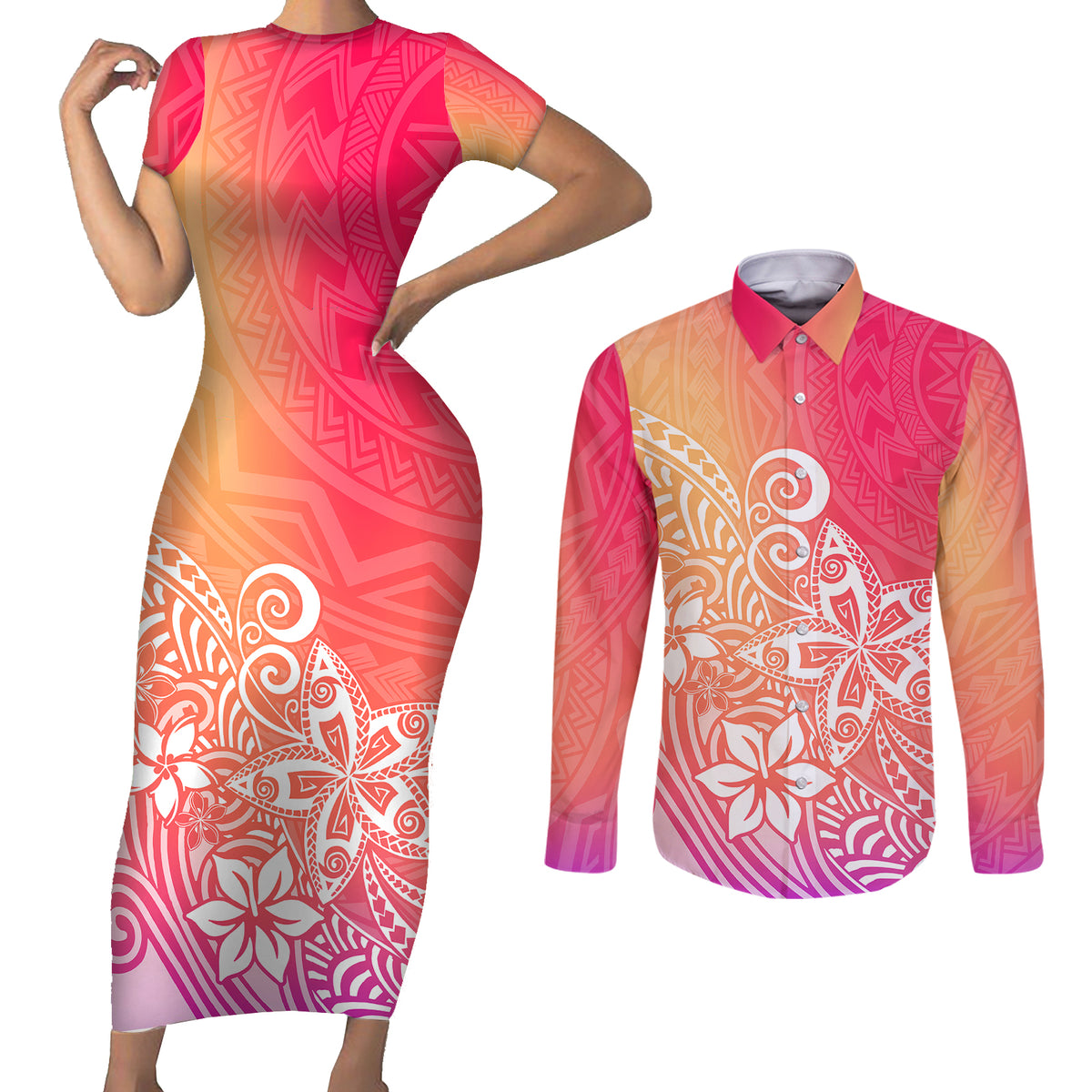 Polynesia Couples Matching Short Sleeve Bodycon Dress and Long Sleeve Button Shirts Plumeria Pink Gradient Curves LT7 - Wonder Print Shop