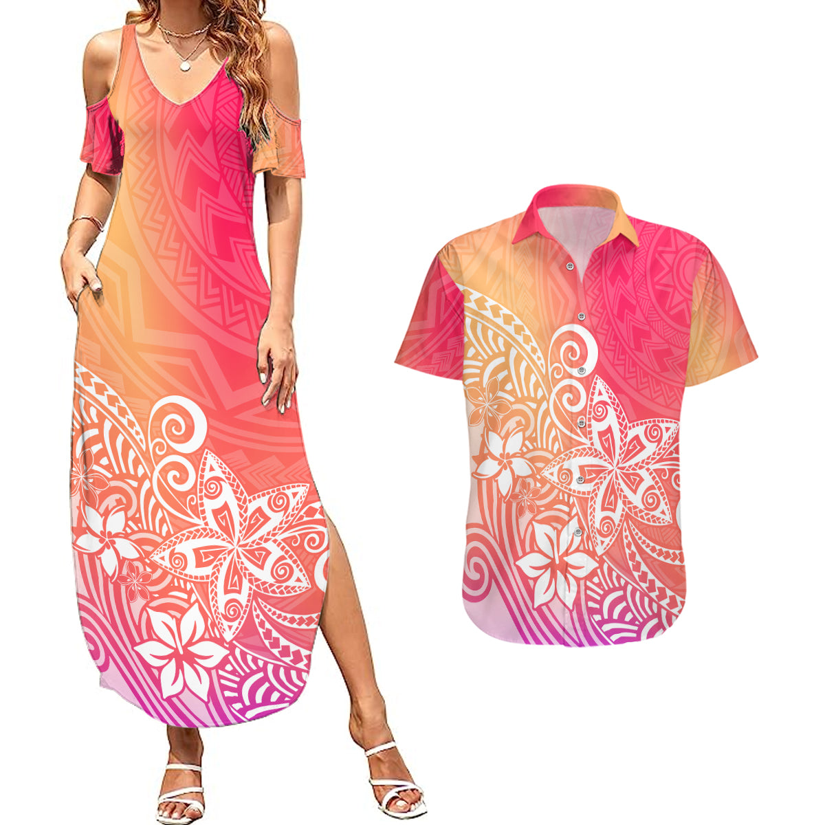 Polynesia Couples Matching Summer Maxi Dress and Hawaiian Shirt Plumeria Pink Gradient Curves LT7 - Wonder Print Shop