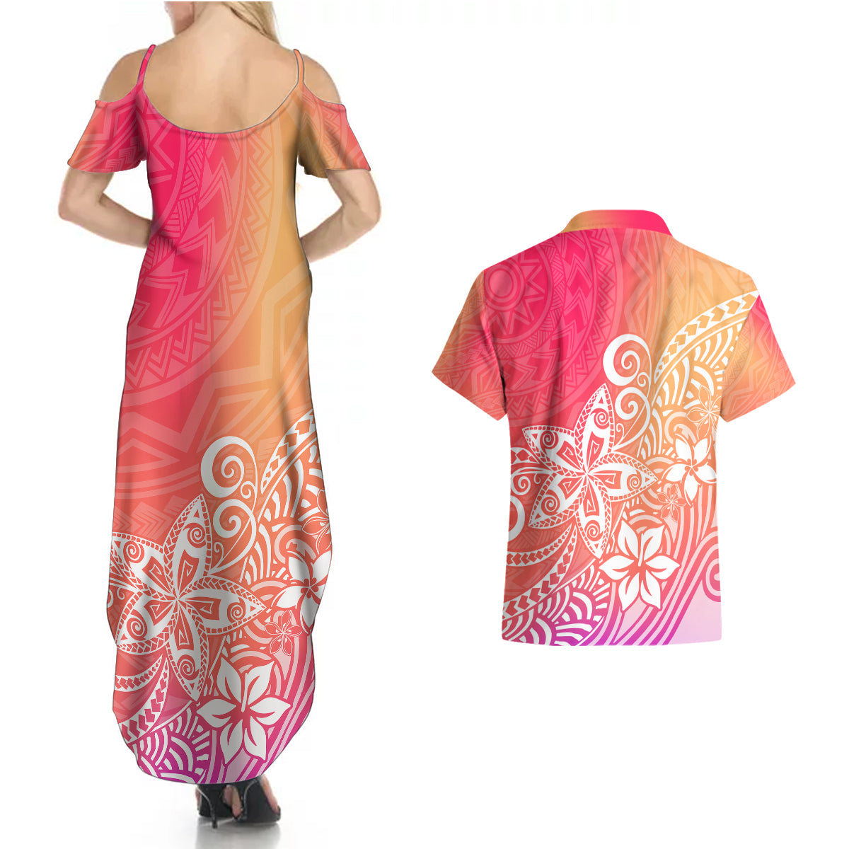 Polynesia Couples Matching Summer Maxi Dress and Hawaiian Shirt Plumeria Pink Gradient Curves LT7 - Wonder Print Shop