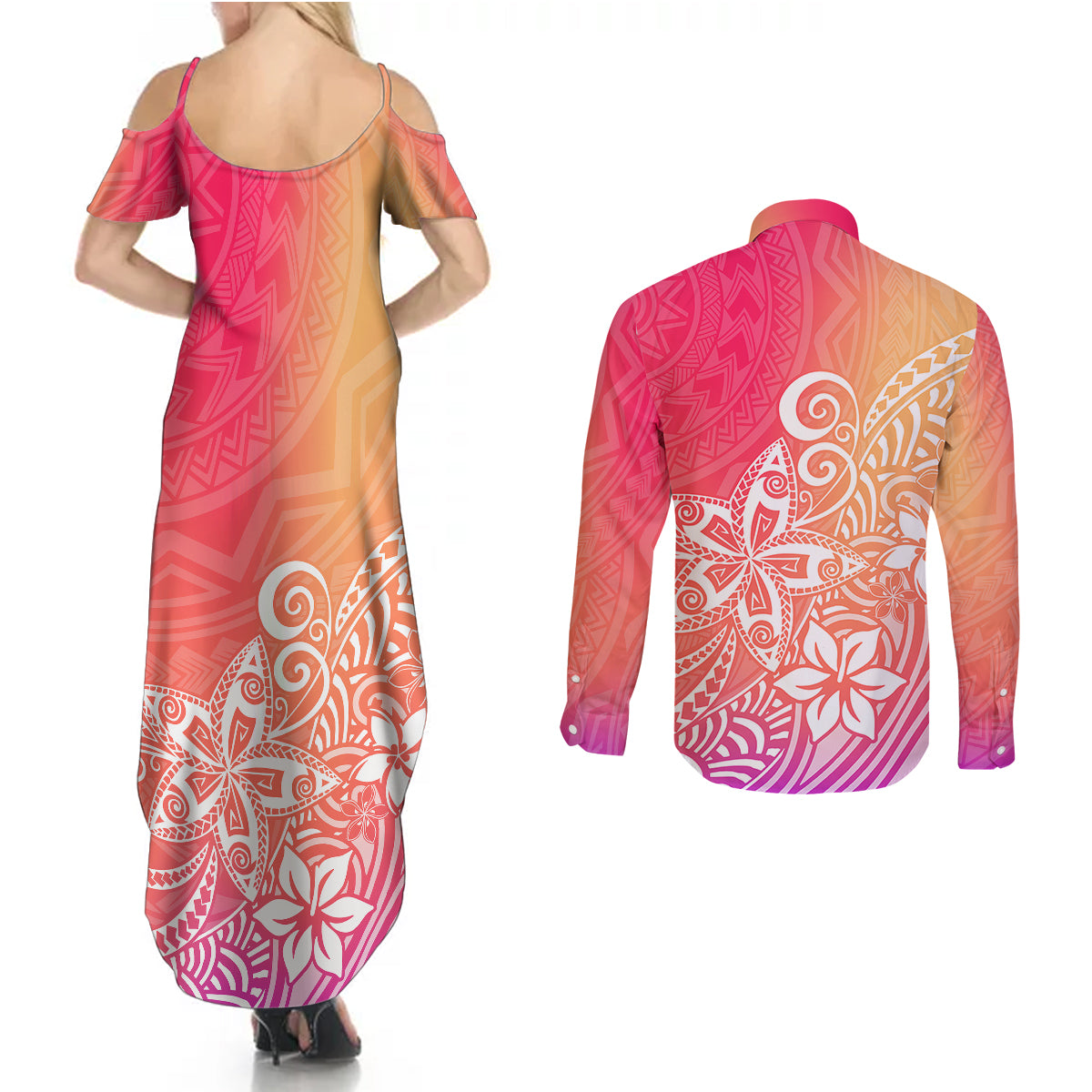 Polynesia Couples Matching Summer Maxi Dress and Long Sleeve Button Shirts Plumeria Pink Gradient Curves LT7 - Wonder Print Shop
