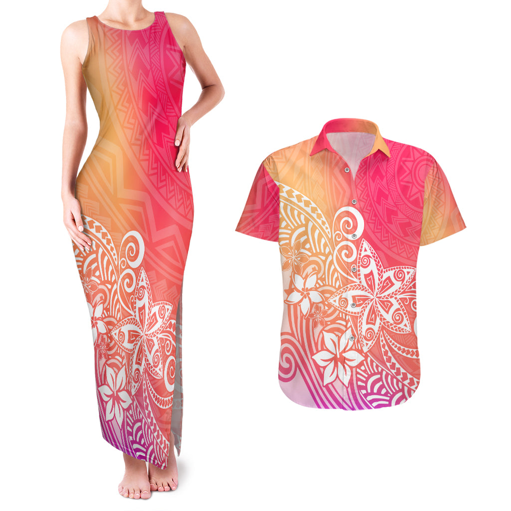 Polynesia Couples Matching Tank Maxi Dress and Hawaiian Shirt Plumeria Pink Gradient Curves LT7 - Wonder Print Shop