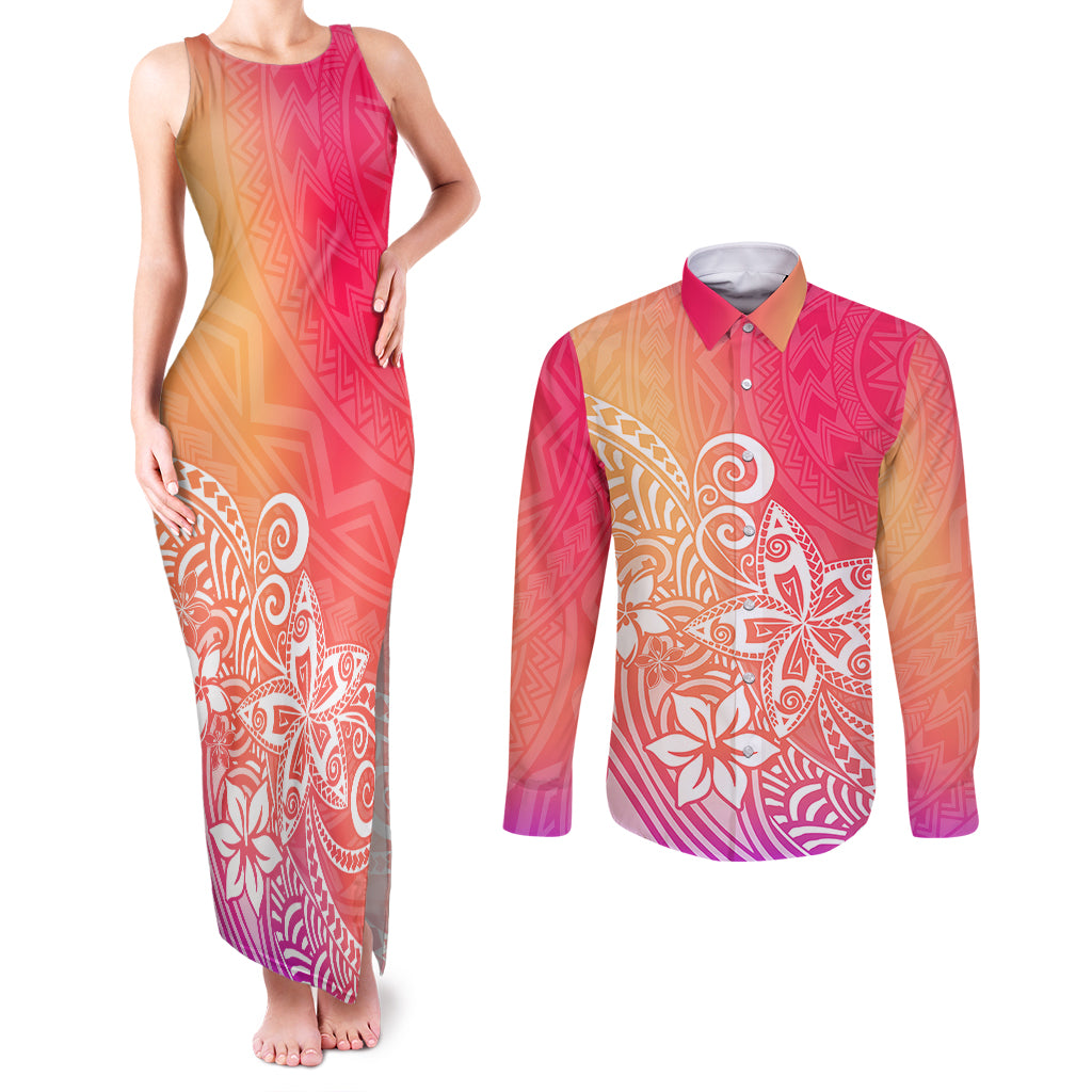 Polynesia Couples Matching Tank Maxi Dress and Long Sleeve Button Shirts Plumeria Pink Gradient Curves LT7 - Wonder Print Shop