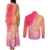 Polynesia Couples Matching Tank Maxi Dress and Long Sleeve Button Shirts Plumeria Pink Gradient Curves LT7 - Wonder Print Shop