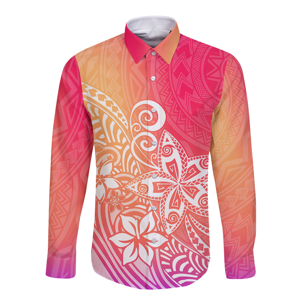 Polynesia Long Sleeve Button Shirt Plumeria Pink Gradient Curves - Wonder Print Shop