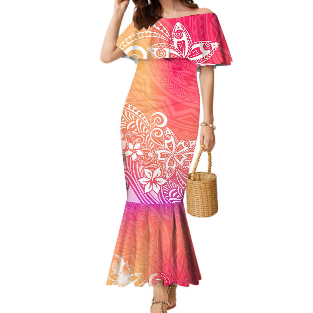 Polynesia Mermaid Dress Plumeria Pink Gradient Curves - Wonder Print Shop