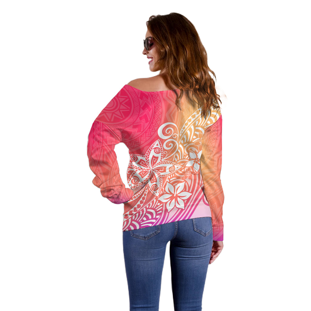 Polynesia Off Shoulder Sweater Plumeria Pink Gradient Curves - Wonder Print Shop