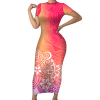 Polynesia Short Sleeve Bodycon Dress Plumeria Pink Gradient Curves - Wonder Print Shop