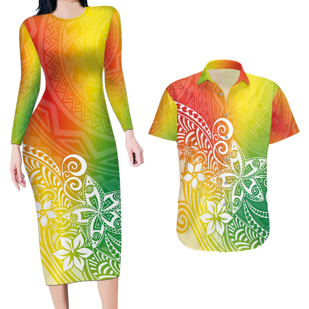 Polynesia Couples Matching Long Sleeve Bodycon Dress and Hawaiian Shirt Plumeria Reggae Curves LT7 - Wonder Print Shop