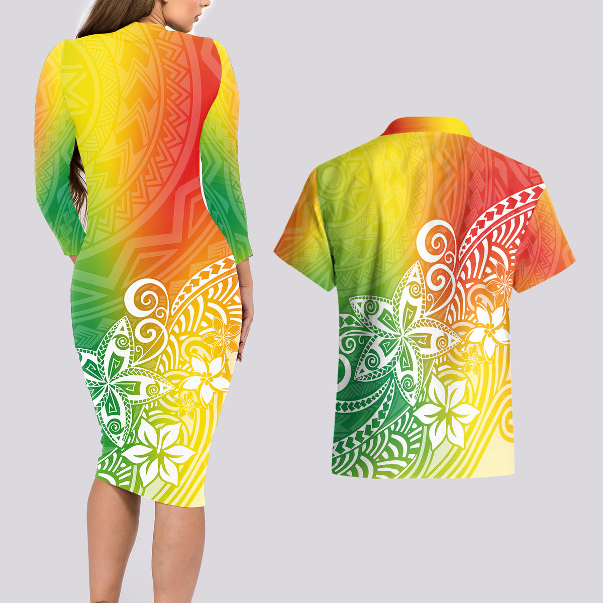 Polynesia Couples Matching Long Sleeve Bodycon Dress and Hawaiian Shirt Plumeria Reggae Curves LT7 - Wonder Print Shop