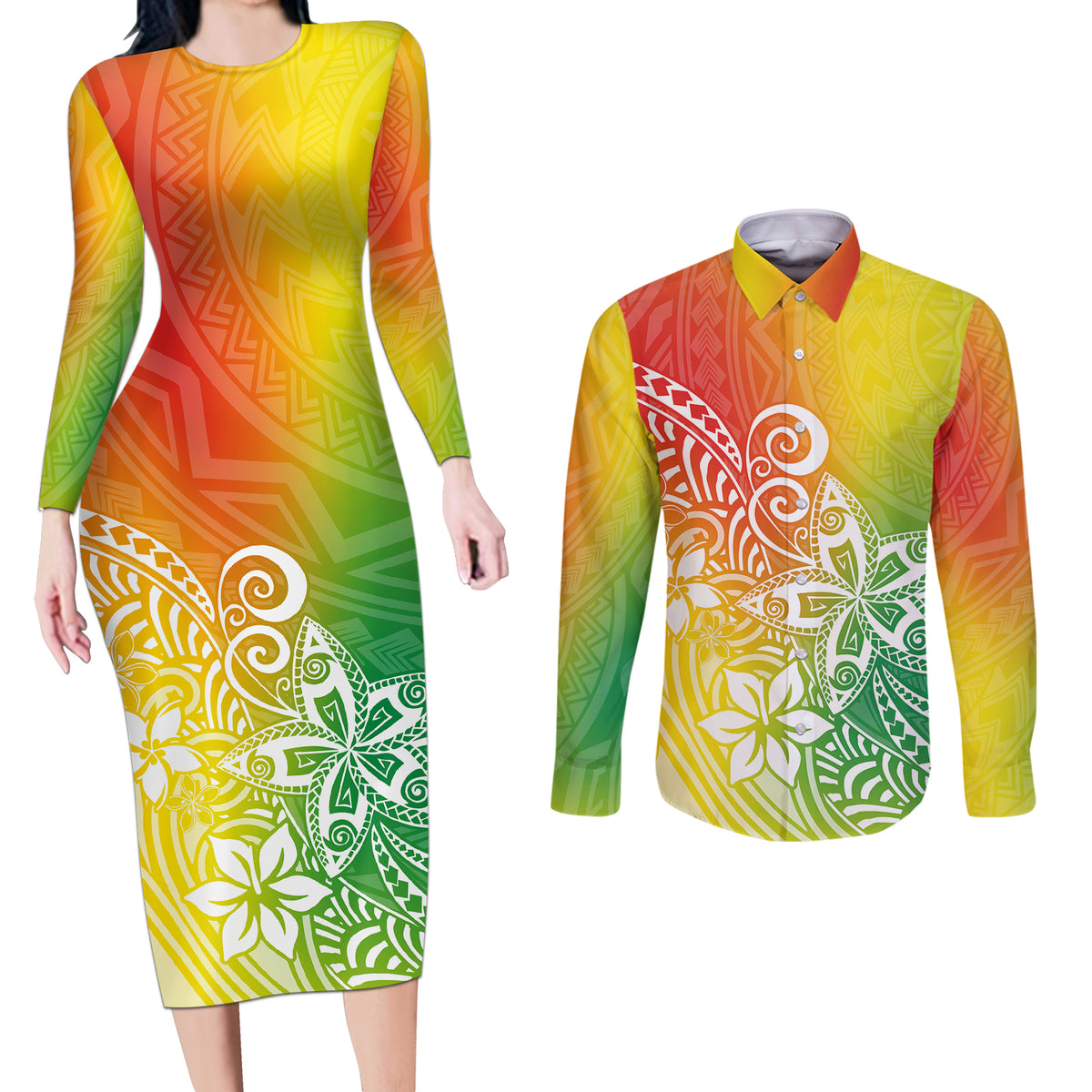 Polynesia Couples Matching Long Sleeve Bodycon Dress and Long Sleeve Button Shirts Plumeria Reggae Curves LT7 - Wonder Print Shop