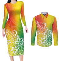 Polynesia Couples Matching Long Sleeve Bodycon Dress and Long Sleeve Button Shirts Plumeria Reggae Curves LT7 - Wonder Print Shop