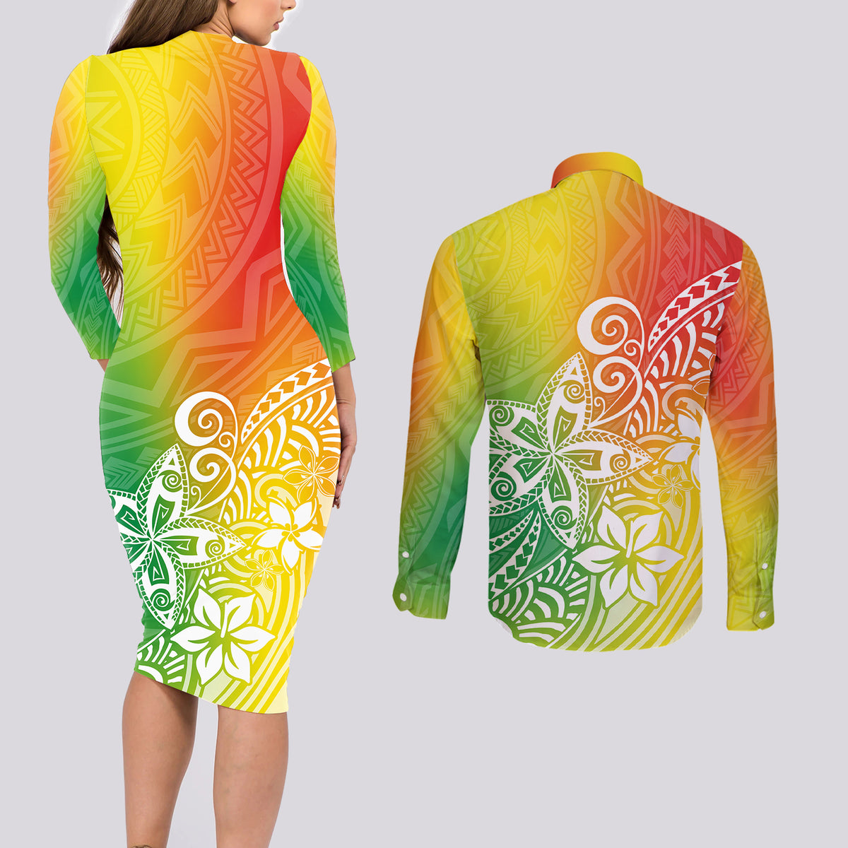 Polynesia Couples Matching Long Sleeve Bodycon Dress and Long Sleeve Button Shirts Plumeria Reggae Curves LT7 - Wonder Print Shop