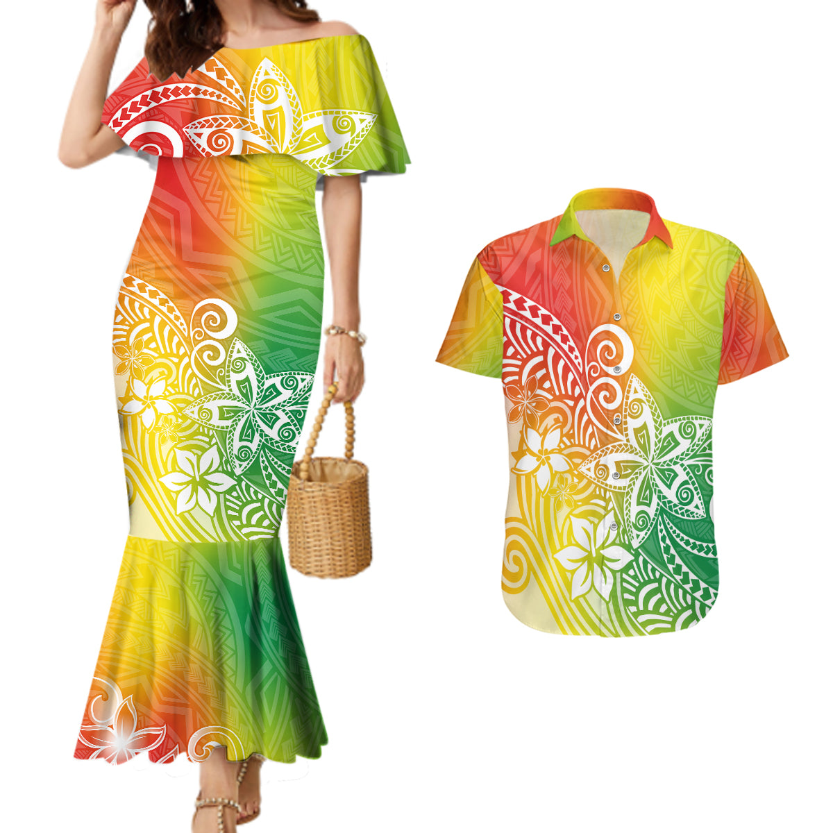 Polynesia Couples Matching Mermaid Dress and Hawaiian Shirt Plumeria Reggae Curves LT7 - Wonder Print Shop