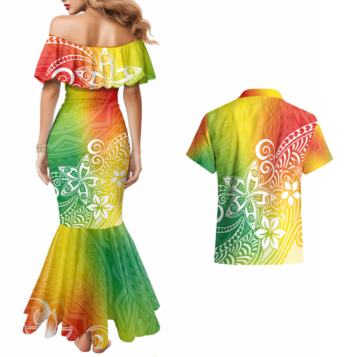 Polynesia Couples Matching Mermaid Dress and Hawaiian Shirt Plumeria Reggae Curves LT7 - Wonder Print Shop
