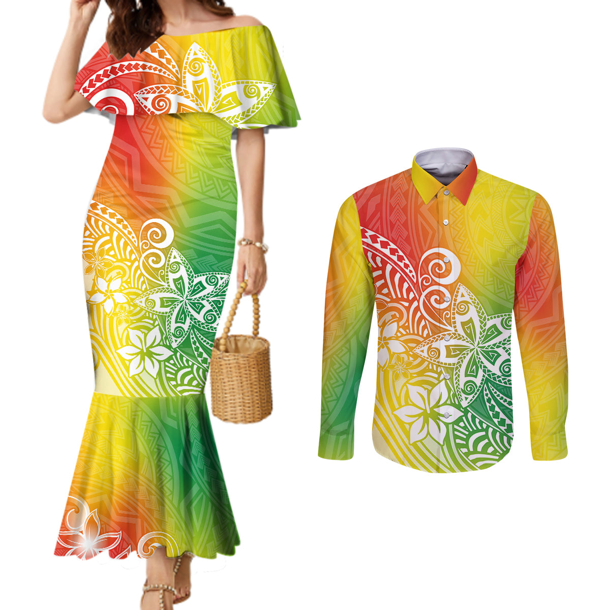 polynesia-couples-matching-mermaid-dress-and-long-sleeve-button-shirts-plumeria-reggae-curves