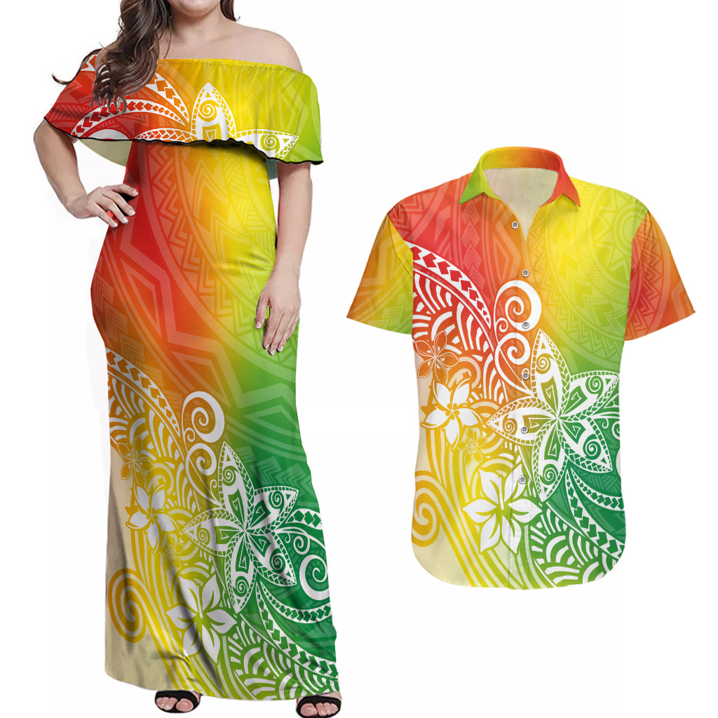 Polynesia Couples Matching Off Shoulder Maxi Dress and Hawaiian Shirt Plumeria Reggae Curves LT7 - Wonder Print Shop