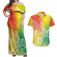 Polynesia Couples Matching Off Shoulder Maxi Dress and Hawaiian Shirt Plumeria Reggae Curves LT7 - Wonder Print Shop