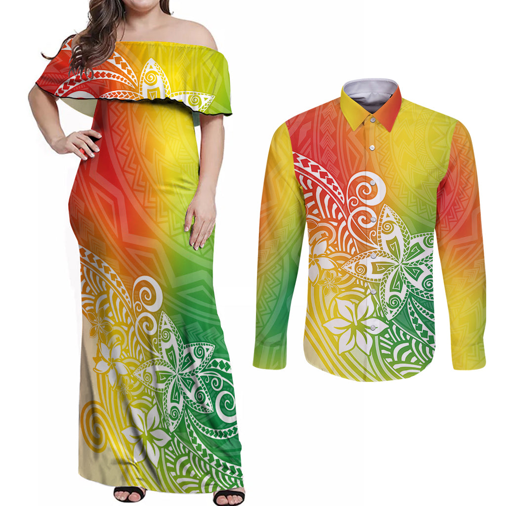 Polynesia Couples Matching Off Shoulder Maxi Dress and Long Sleeve Button Shirts Plumeria Reggae Curves LT7 - Wonder Print Shop