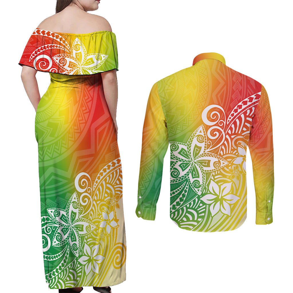 Polynesia Couples Matching Off Shoulder Maxi Dress and Long Sleeve Button Shirts Plumeria Reggae Curves LT7 - Wonder Print Shop
