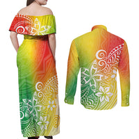 Polynesia Couples Matching Off Shoulder Maxi Dress and Long Sleeve Button Shirts Plumeria Reggae Curves LT7 - Wonder Print Shop