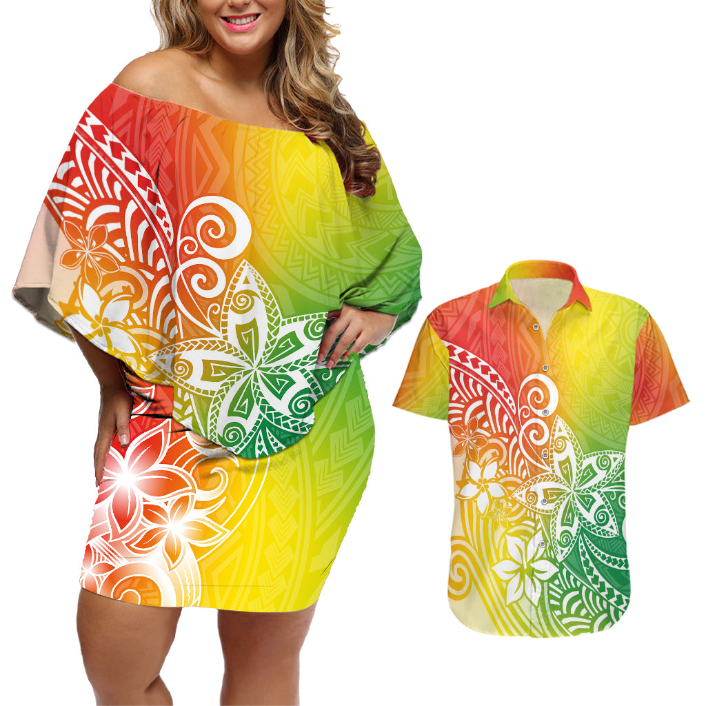Polynesia Couples Matching Off Shoulder Short Dress and Hawaiian Shirt Plumeria Reggae Curves LT7 - Wonder Print Shop