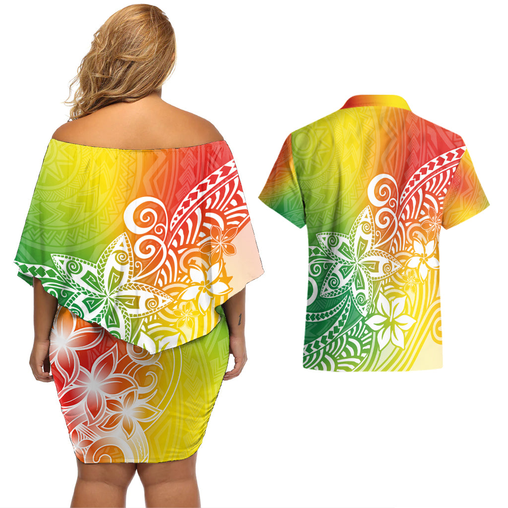 Polynesia Couples Matching Off Shoulder Short Dress and Hawaiian Shirt Plumeria Reggae Curves LT7 - Wonder Print Shop