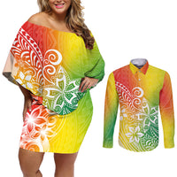 Polynesia Couples Matching Off Shoulder Short Dress and Long Sleeve Button Shirts Plumeria Reggae Curves LT7 - Wonder Print Shop