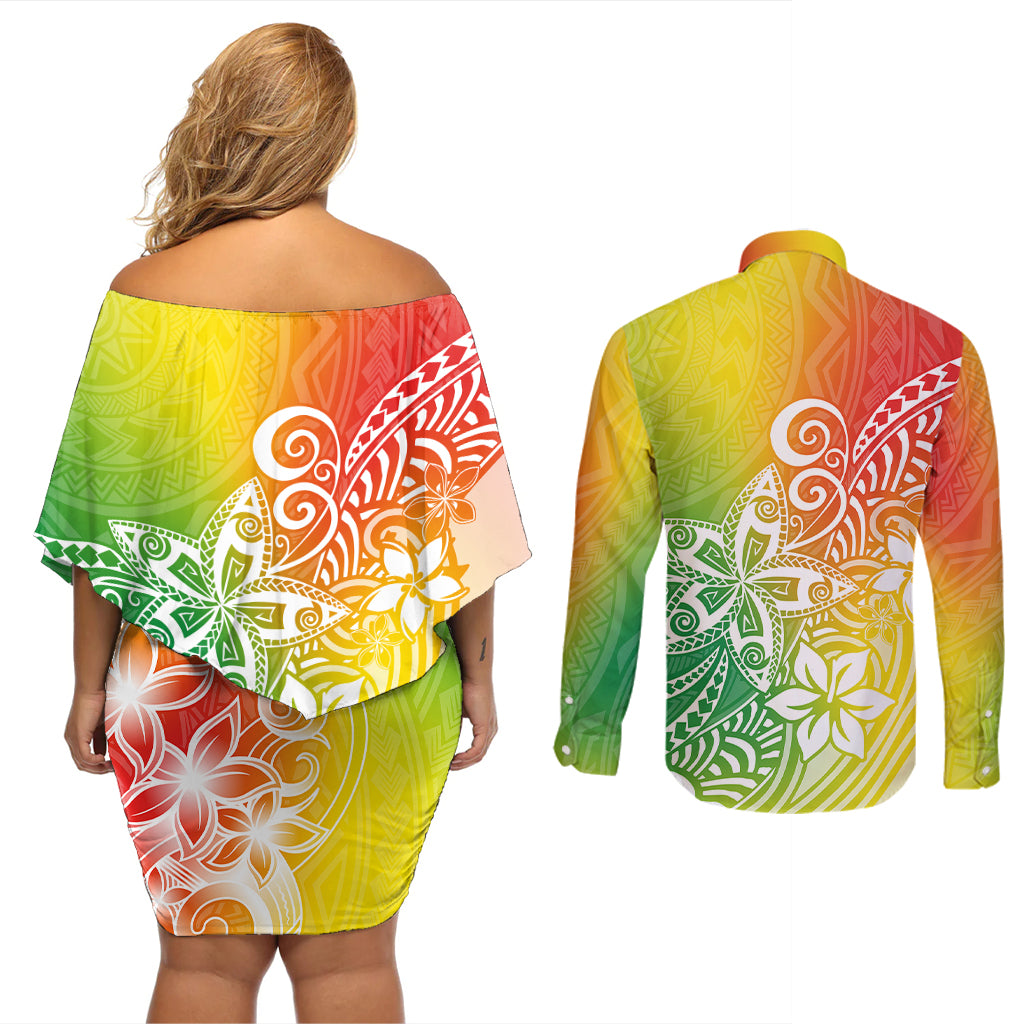 Polynesia Couples Matching Off Shoulder Short Dress and Long Sleeve Button Shirts Plumeria Reggae Curves LT7 - Wonder Print Shop