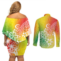Polynesia Couples Matching Off Shoulder Short Dress and Long Sleeve Button Shirts Plumeria Reggae Curves LT7 - Wonder Print Shop