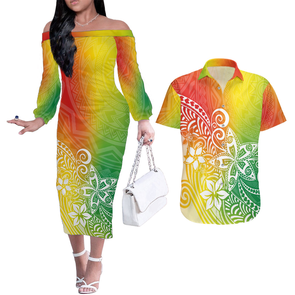 Polynesia Couples Matching Off The Shoulder Long Sleeve Dress and Hawaiian Shirt Plumeria Reggae Curves LT7 - Wonder Print Shop