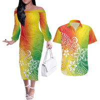 Polynesia Couples Matching Off The Shoulder Long Sleeve Dress and Hawaiian Shirt Plumeria Reggae Curves LT7 - Wonder Print Shop