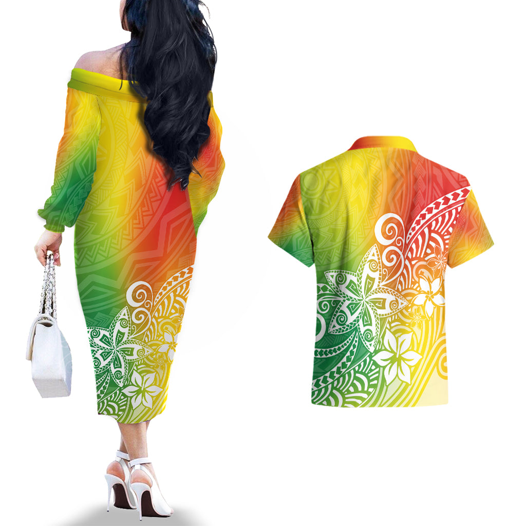 Polynesia Couples Matching Off The Shoulder Long Sleeve Dress and Hawaiian Shirt Plumeria Reggae Curves LT7 - Wonder Print Shop