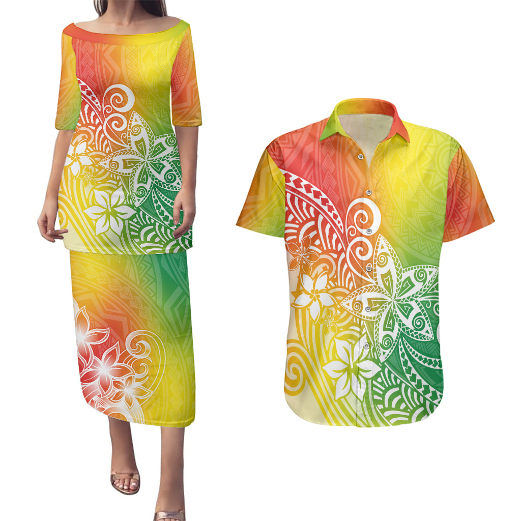 Polynesia Couples Matching Puletasi Dress and Hawaiian Shirt Plumeria Reggae Curves LT7 - Wonder Print Shop
