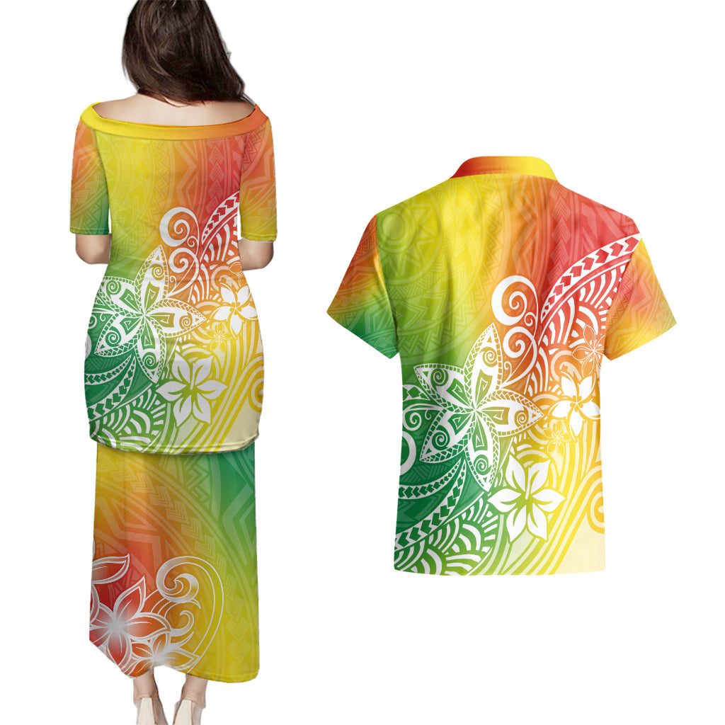 Polynesia Couples Matching Puletasi Dress and Hawaiian Shirt Plumeria Reggae Curves LT7 - Wonder Print Shop