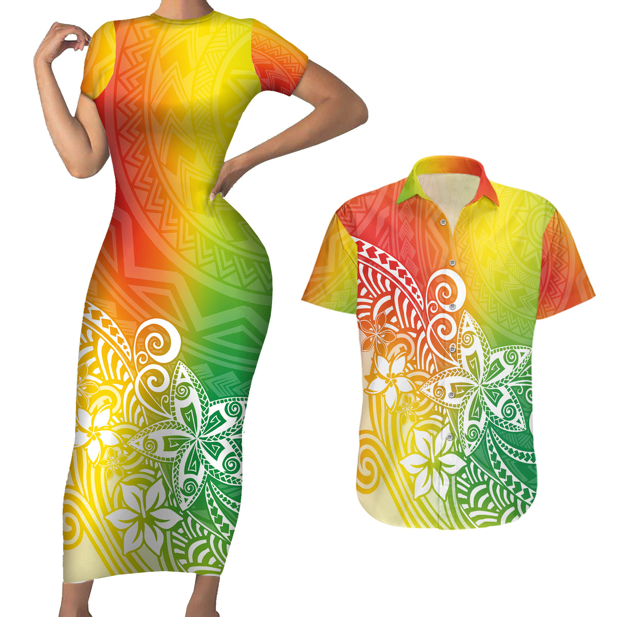 Polynesia Couples Matching Short Sleeve Bodycon Dress and Hawaiian Shirt Plumeria Reggae Curves LT7 - Wonder Print Shop