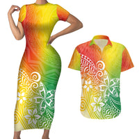 Polynesia Couples Matching Short Sleeve Bodycon Dress and Hawaiian Shirt Plumeria Reggae Curves LT7 - Wonder Print Shop