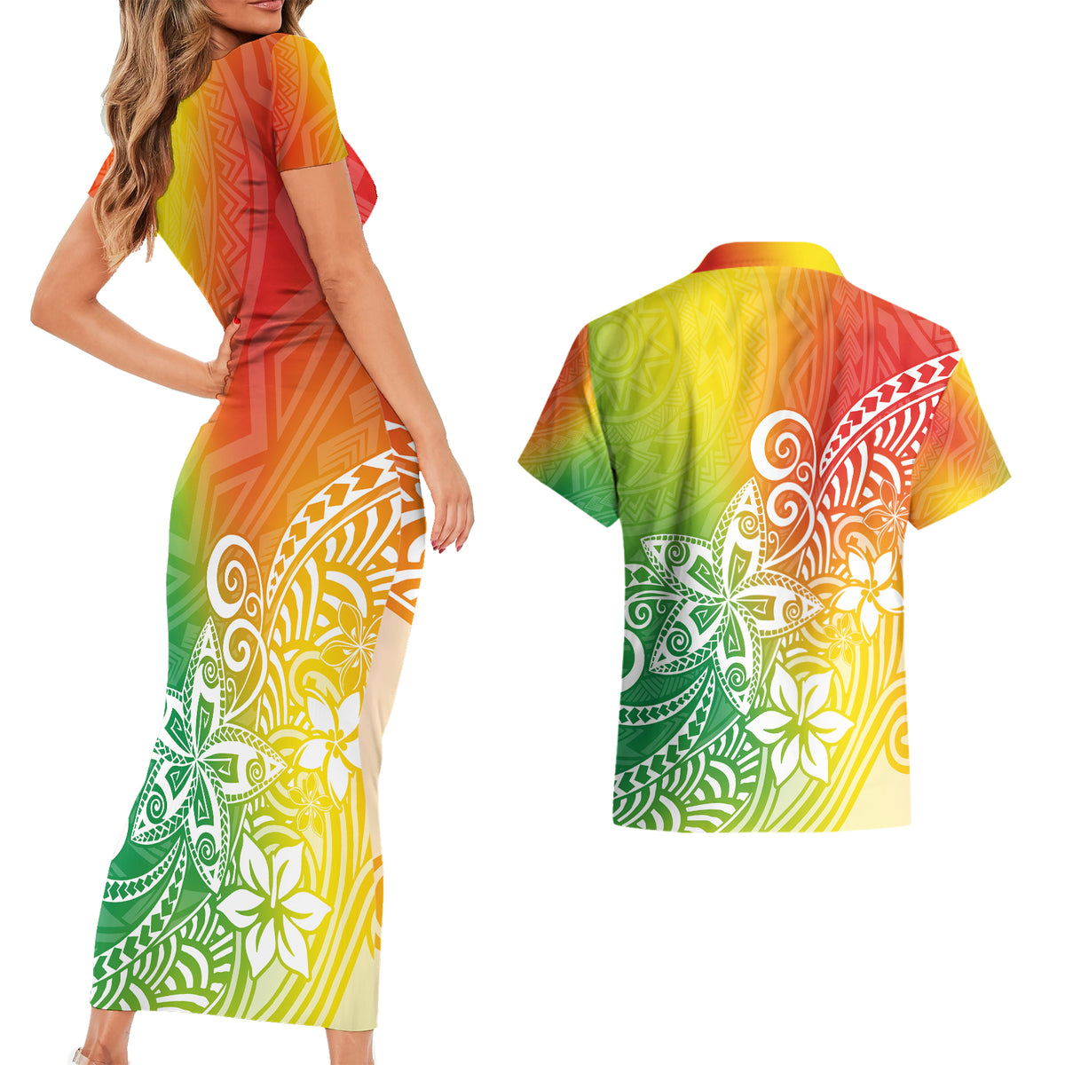 Polynesia Couples Matching Short Sleeve Bodycon Dress and Hawaiian Shirt Plumeria Reggae Curves LT7 - Wonder Print Shop