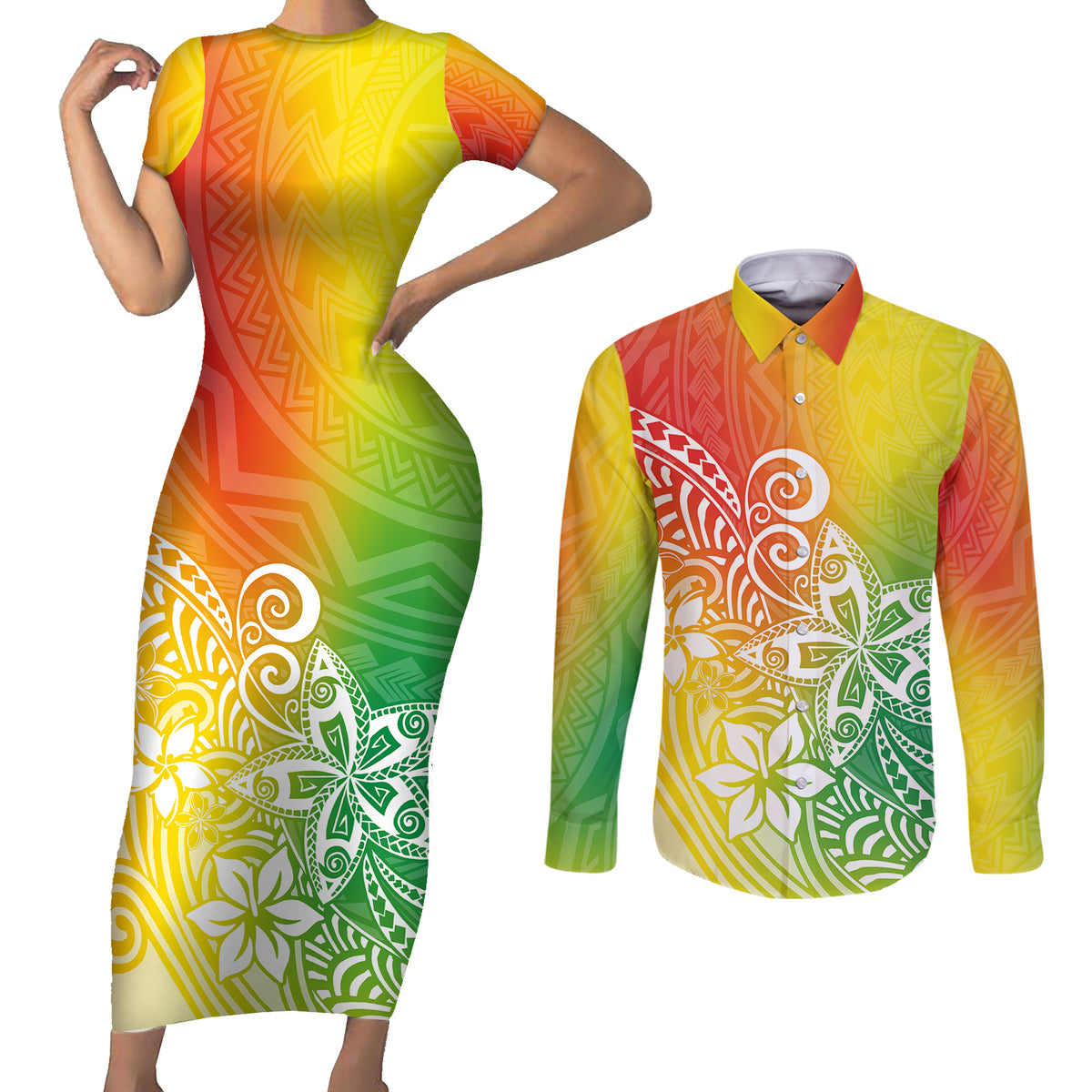 Polynesia Couples Matching Short Sleeve Bodycon Dress and Long Sleeve Button Shirts Plumeria Reggae Curves LT7 - Wonder Print Shop