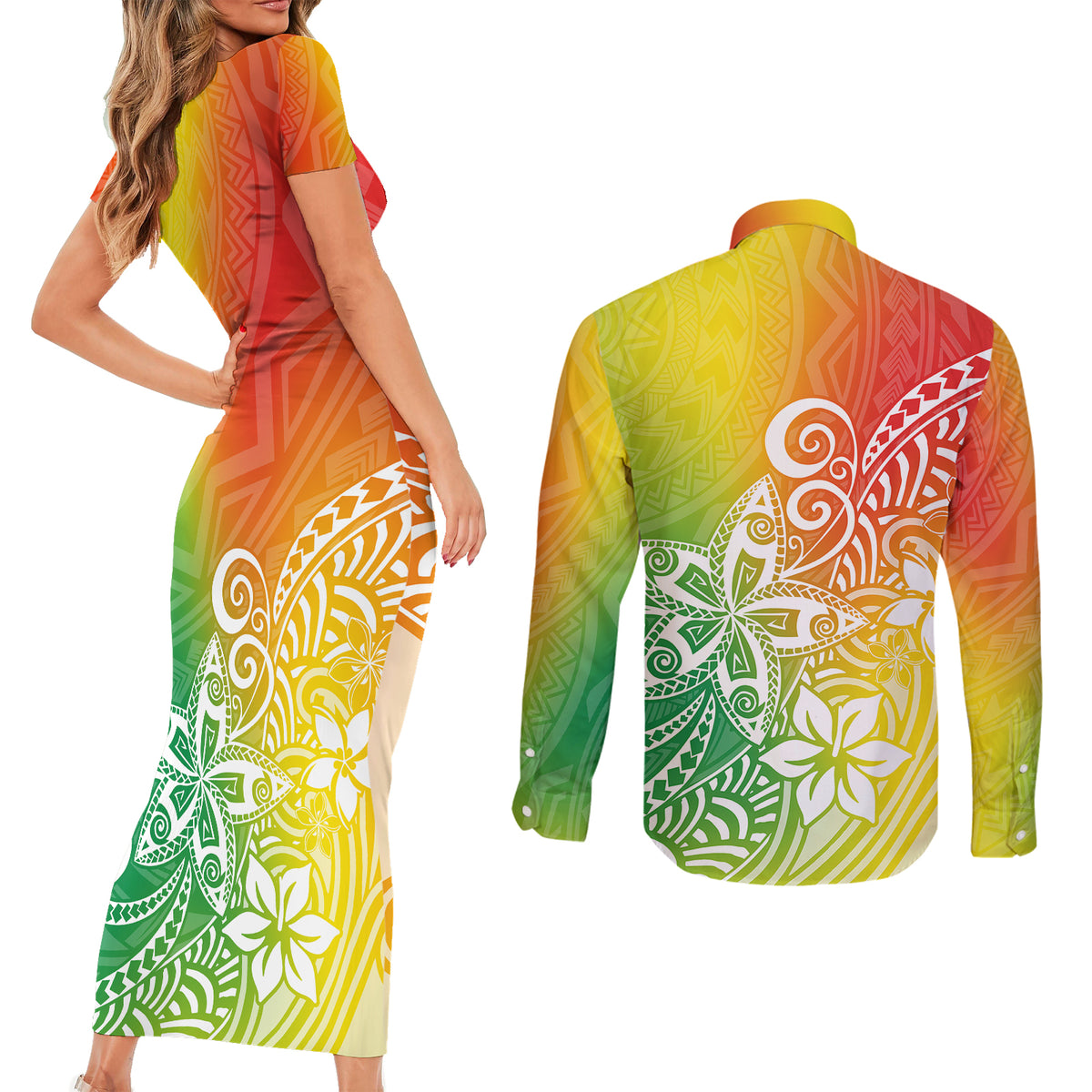 Polynesia Couples Matching Short Sleeve Bodycon Dress and Long Sleeve Button Shirts Plumeria Reggae Curves LT7 - Wonder Print Shop