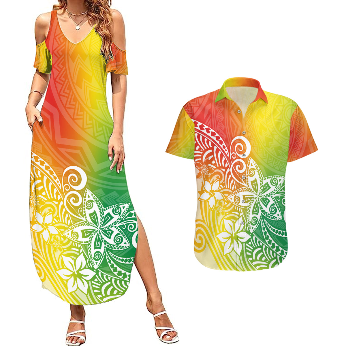 Polynesia Couples Matching Summer Maxi Dress and Hawaiian Shirt Plumeria Reggae Curves LT7 - Wonder Print Shop
