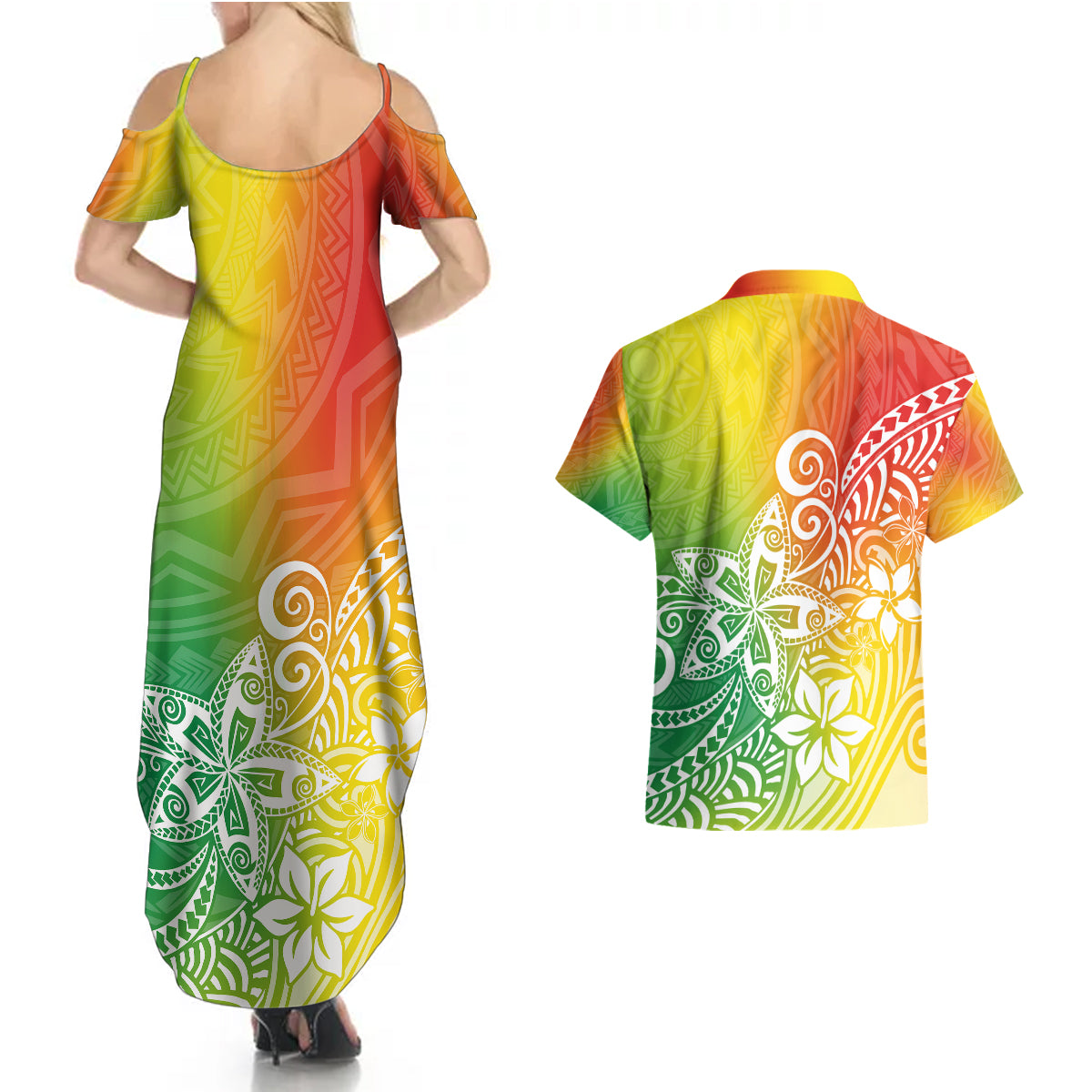 Polynesia Couples Matching Summer Maxi Dress and Hawaiian Shirt Plumeria Reggae Curves LT7 - Wonder Print Shop