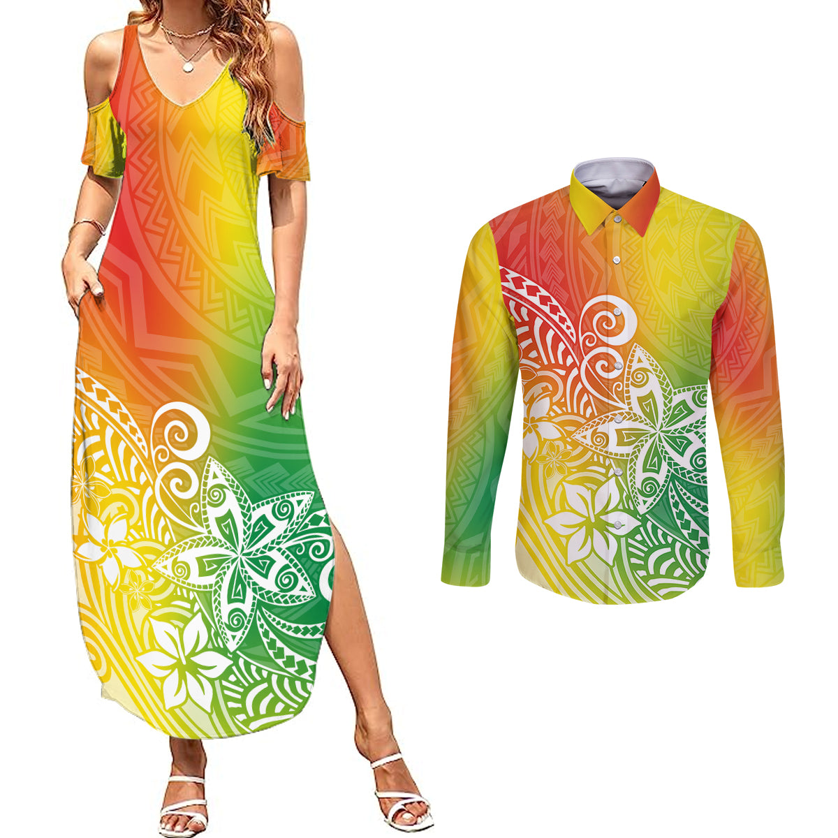 Polynesia Couples Matching Summer Maxi Dress and Long Sleeve Button Shirts Plumeria Reggae Curves LT7 - Wonder Print Shop