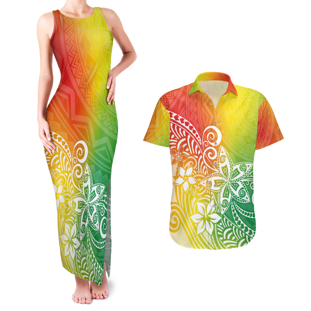 Polynesia Couples Matching Tank Maxi Dress and Hawaiian Shirt Plumeria Reggae Curves LT7 - Wonder Print Shop