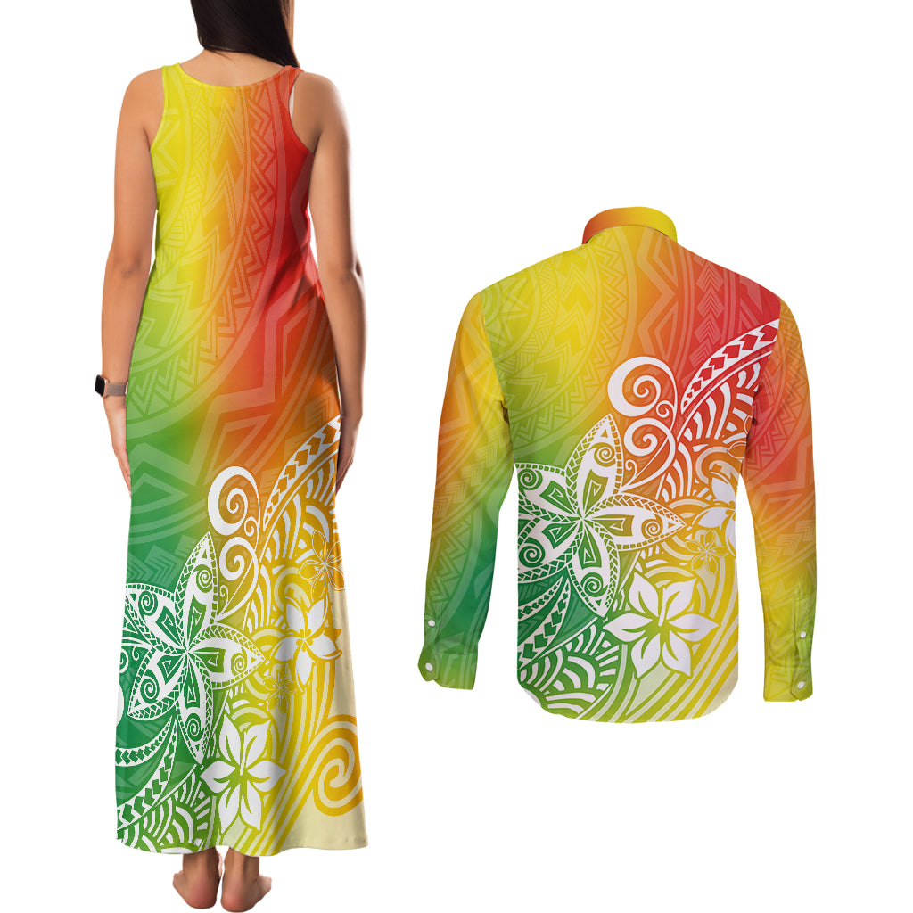 Polynesia Couples Matching Tank Maxi Dress and Long Sleeve Button Shirts Plumeria Reggae Curves LT7 - Wonder Print Shop
